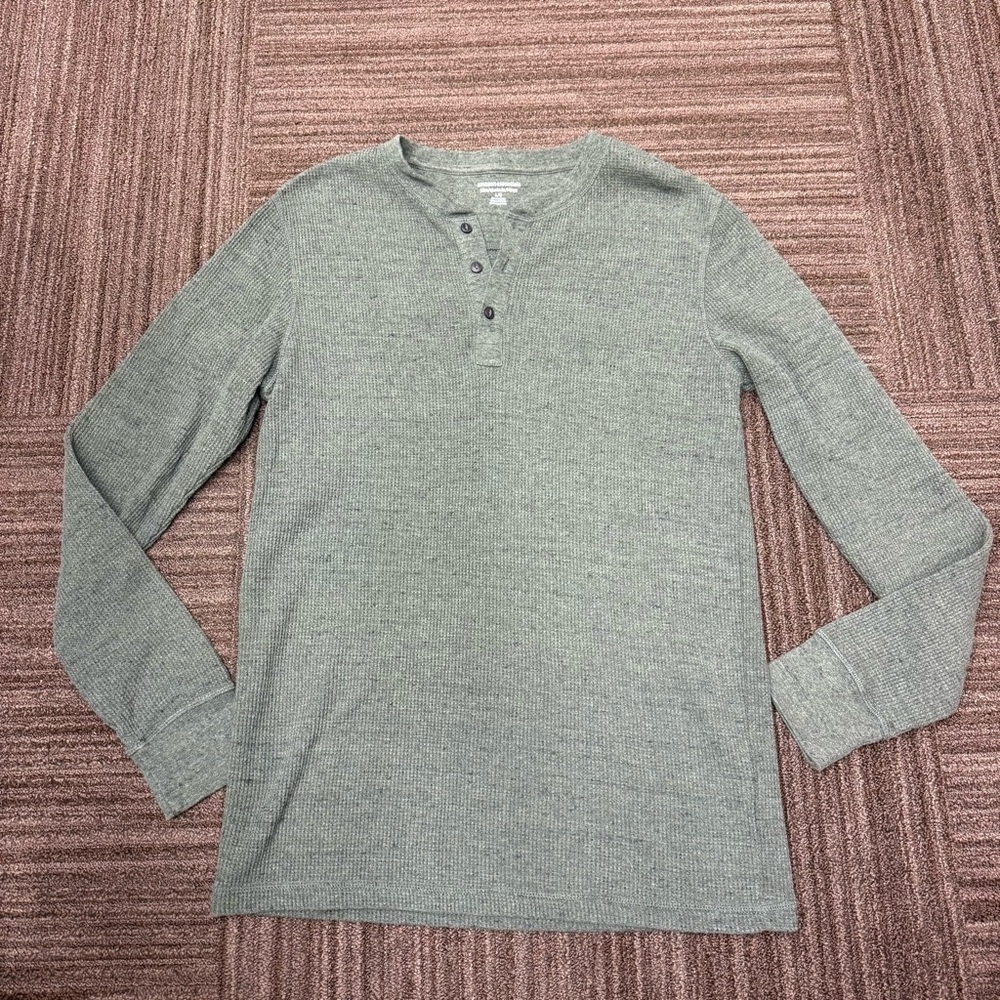 Amazon Essentials Men's Sage Forest Green Long Sleeve Henley Sweater Shirt